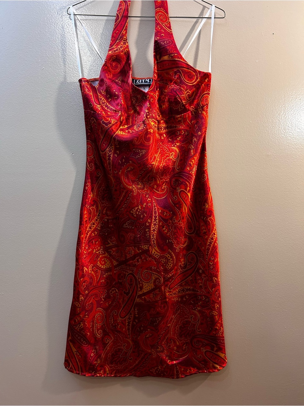 City Triangles Orange Paisley Satin Halter Mini Dress